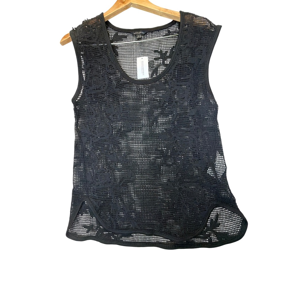 Banana Republic Womens Black Cotton Mesh Floral Crochet Tank Top Small NWT